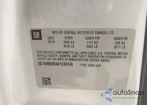 2010 Chevrolet Impala Lt из США, поврежденный, VIN 2G1WB5EN4A1243749